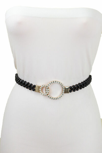 Women Black Beads Elastic Band Dress Dance Belt Gold Metal Circle Buckle S M L