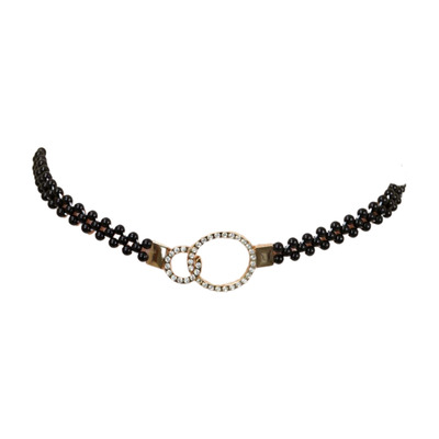 Women black beads elastic band pant jeans loop belt gold metal circle buckle s m