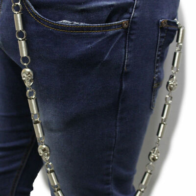 Men long wallet chains silver metal biker jean rock biker skull skeleton springs