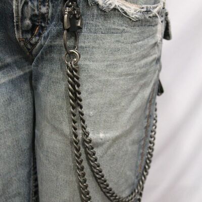 Men silver metal 2 strands wallet chain keychain skeleton skull clasp bullet gun
