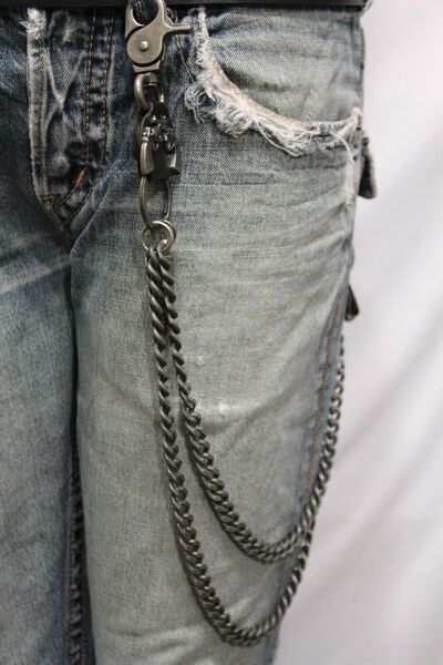 Men Silver Metal 2 Strands Wallet Chain KeyChain Skeleton Skull Clasp Bullet Gun
