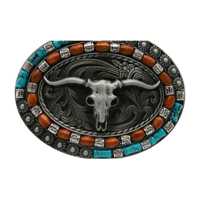 Men Silver Metal Buckle Western Fashion Bull Long Horn Texas Cow Rodeo Cowboys