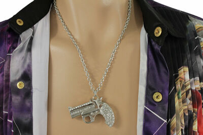 Men Silver Metal Chain Necklace Hand Gun Pistol Pendant Hip Hop Gangster Jewelry