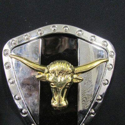 Men silver metal plate cowboy western fashion buckle gold bull long horns texas
