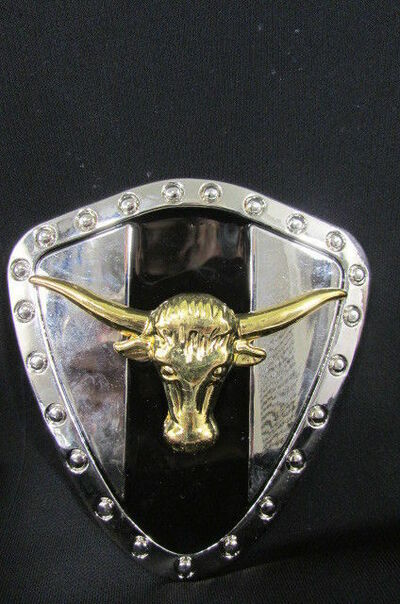 Men Silver Metal Plate Cowboy Western Fashion Buckle Gold Bull Long Horns Texas
