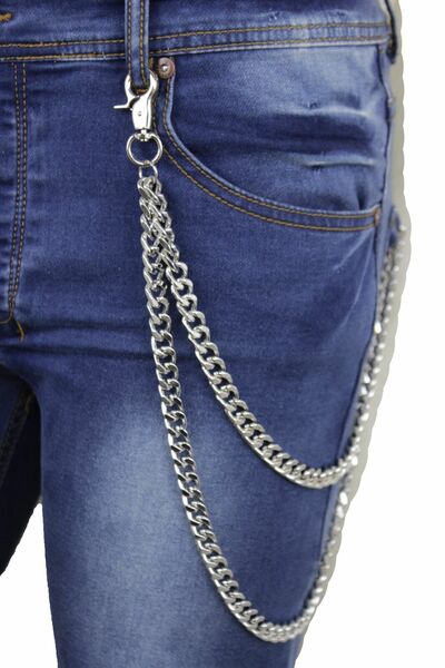 Men Silver Metal Wallet Chunky Chain Link Key Motorcycle Biker Fashion 2 Strands