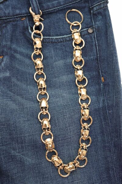 Men Wallet Chain Rocker Strong Gold Metal Long Skeleton Chunky Skull Bones Biker