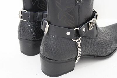 Men Western Iron Cross Boot Band Chain Pair Black Straps Rider Shoe Bracelet