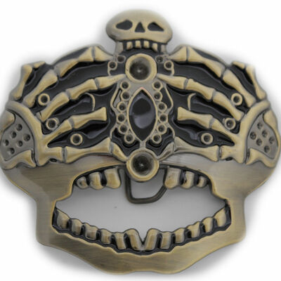Men women dark gold belt buckle skull skeleton bones pirate king crown halloween