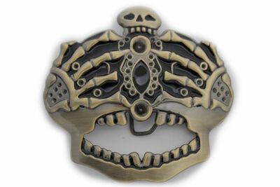 Men Women Dark Gold Belt Buckle Skull Skeleton Bones Pirate King Crown Halloween