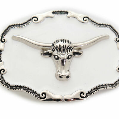 Men women silver metal belt buckle texas long horn cow unisex white color