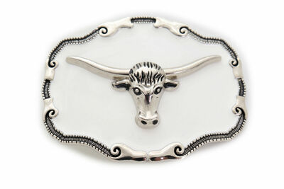 Men Women Silver Metal Belt Buckle Texas Long Horn Cow Unisex White Color