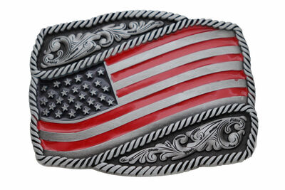 Men Women Silver Metal Buckle Western Fashion USA Flag United States Of America