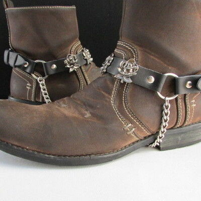 Men western silver cowboy rose flower boot bracelet black pair strap shoe