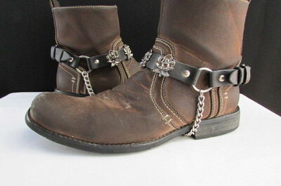 Men Western Silver Cowboy Rose Flower Boot Bracelet Black Pair Strap Shoe