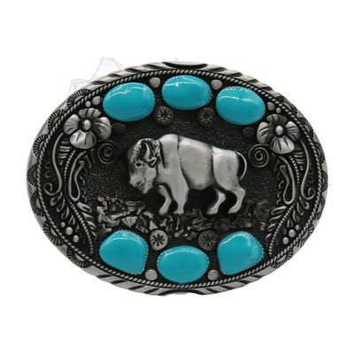 Men's Buffalo Ox Silver Metal Belt Buckle Bull Turquoise Blue Rodeo Cowboys Look