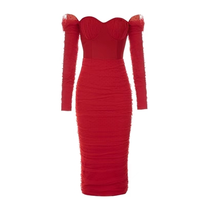 Red jersey pleating tulle long sleeves formal party dresses 