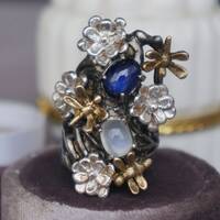 Jardin @ Minuit~Natural Blue Spphire and Moonstone Ring Extrodinary 925 Sterling Silver Ring US size 6 Ring for Women - Thumbnail 1