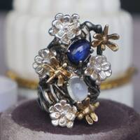 Jardin @ Minuit~Natural Blue Spphire and Moonstone Ring Extrodinary 925 Sterling Silver Ring US size 6 Ring for Women - Thumbnail 4