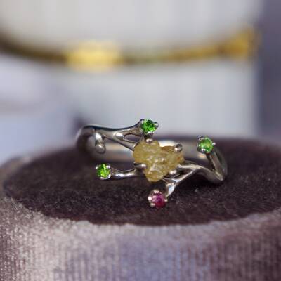 Heart shape rough yellow diamond rough ring 925 sterling silver ring great gift for lady for girls april birthstone us 6 3/4 or 6.75
