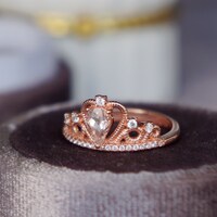 Little Crown- Pear Shape Natural Pink Morganite Ring 925 Sterling Silver Ring Plated with Rose Gold  Ring for Women US size 6 1/4 - Thumbnail 1