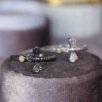 Dragonfly Ring--Round Shape Cat's Eye Chrysoberyl Ring Small Cab 925 Sterling Silver Ring plated in Rhodium US size 8 - Thumbnail 2
