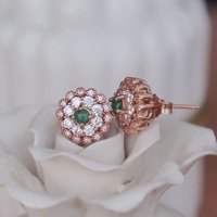 Floral Design CZ Double Halo Natural Emerald Cab Earstuds 925 Sterling Silver Stud Earrings Plated in Pink Gold May Birthstone - Thumbnail 4