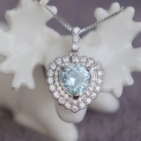 Elegant Double Halo Heart Shape Natural Aquarmarine Pendant 925 Sterling Silver Pendant for Girl(free silver necklace gift) - Thumbnail 3