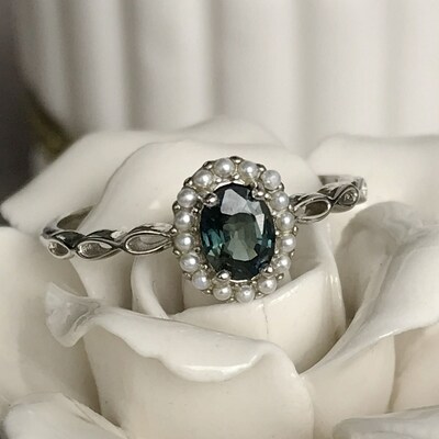 Simple natural teal sapphire ring 925 sterling silver ring with shell pearl halo september birthstone ring for women us size 6.5