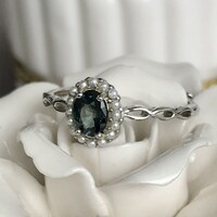 Simple Natural Teal Sapphire Ring 925 Sterling Silver Ring with Shell Pearl Halo September Birthstone Ring for Women US size 6.5 - Thumbnail 3