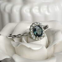 Simple Natural Teal Sapphire Ring 925 Sterling Silver Ring with Shell Pearl Halo September Birthstone Ring for Women US size 6.5 - Thumbnail 4