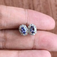 Elegant CZ Halo Natural Tanzanite Earstuds 925 Sterling Silver Stud Earrings Gift for girlfriend for Birthday - Thumbnail 5