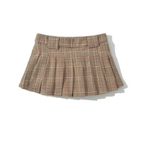 Retro school style belted casual plaid pleated skirt - Thumbnail 1