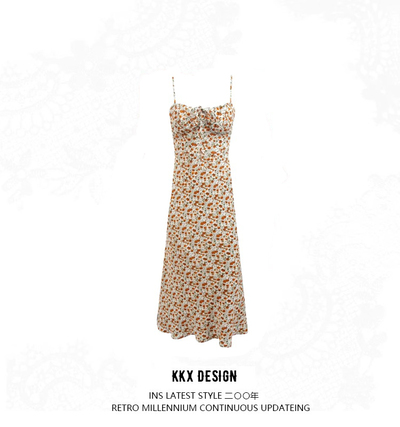 Seaside vacation suspender mid-length skirt for women with pleated chest lace-up slim fit printed suspender dress