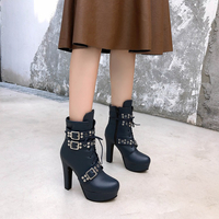 Autumn Winter Women's Boots Lace Up High Heel Short Boots Large Size 50 - Thumbnail 7