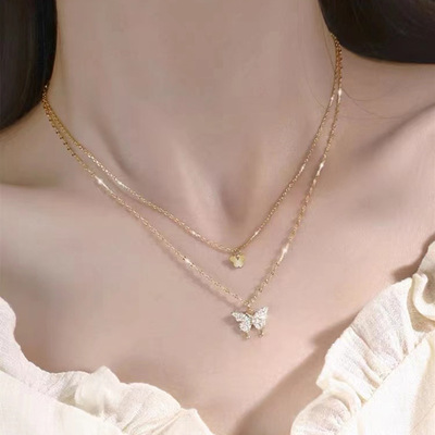 Shiny butterfly double layer cute necklace clavicle chain for women girls - Thumbnail 3