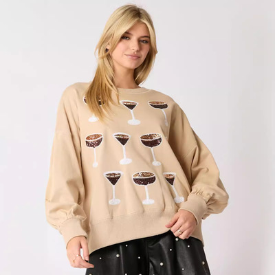 Multiple wine glass sequins loose casual sweatshirt