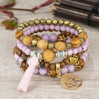 Bohemian style multi-layer bracelet set elastic wood bead bracelets - Thumbnail 2
