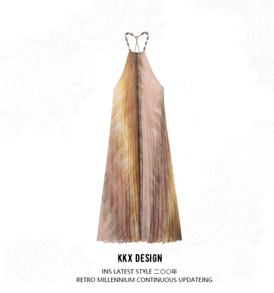 Personalized tie-dye halterneck pleated dress