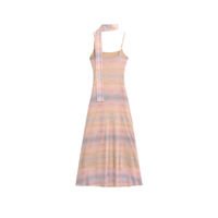 Retro suspender dress for women niche ribbon mesh tie-dye print slim fit pleated A-line knee-length skirt - Thumbnail 1