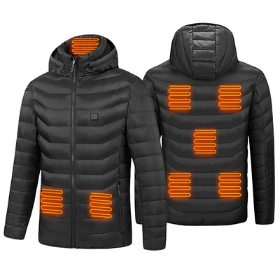 Heated jacket electric heating coat lightweight winter hooded jacket??with 3-level heating modes 8 heating zones detachable zipper hood-black-large
