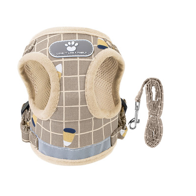 Pet Mesh Harness Dog Leash Set Reflective Chest Strap Adjustable Puppy Vest For Puppies Breeds Dogs Cats Walking Outdoor-Khaki-Large