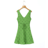 Sexy Deep V Neck Short Tie Embroidered Sleeveless Dress - Thumbnail 1