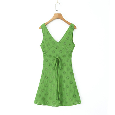 Sexy deep v neck short tie embroidered sleeveless dress