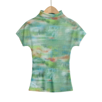 Tie-dye printed wrinkled half-high collar short-sleeved casual bottoming T-shirt