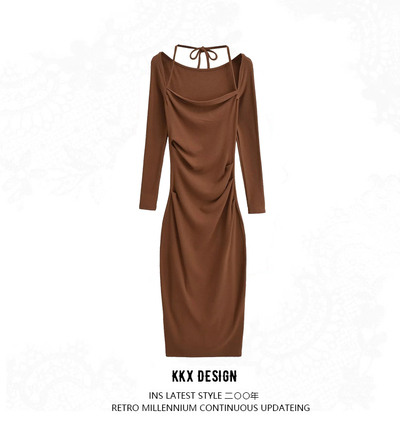 Halter neck fitted long sleeve dress