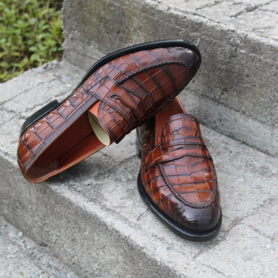 Crafted leather men's classic brown crocodile/alligator leather loafers moccasins formal shoes