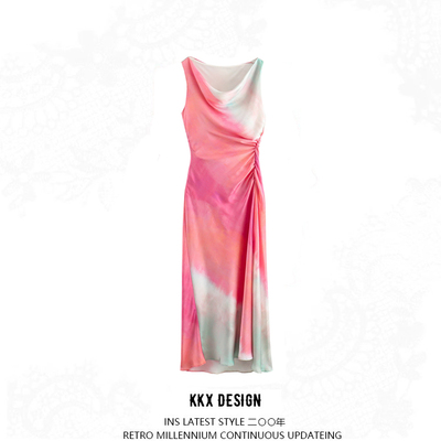 Tie-dye printed satin midi long dress - Thumbnail 3
