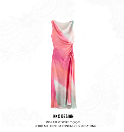 TIE-DYE PRINTED SATIN MIDI LONG DRESS