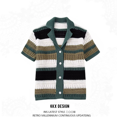 Fashion v-neck short-sleeved colorful striped single-breasted sweater